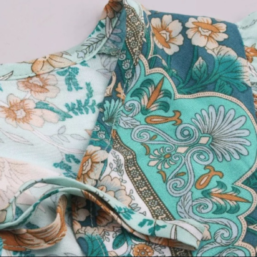 Turquoise Floral Bohemian Peasant Blouse - Picture 4 of 6